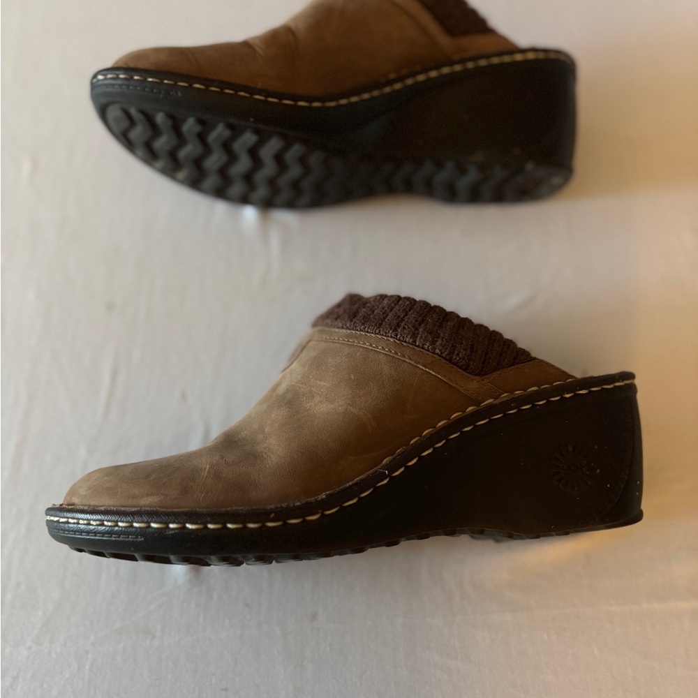 UGG Brown Leather Clog Mules with Knit Collar - Picture 3 of 7